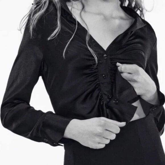 Zara Black Satin Ruched Cropped Long Sleeve Blouse Size XS - Picture 8 of 8